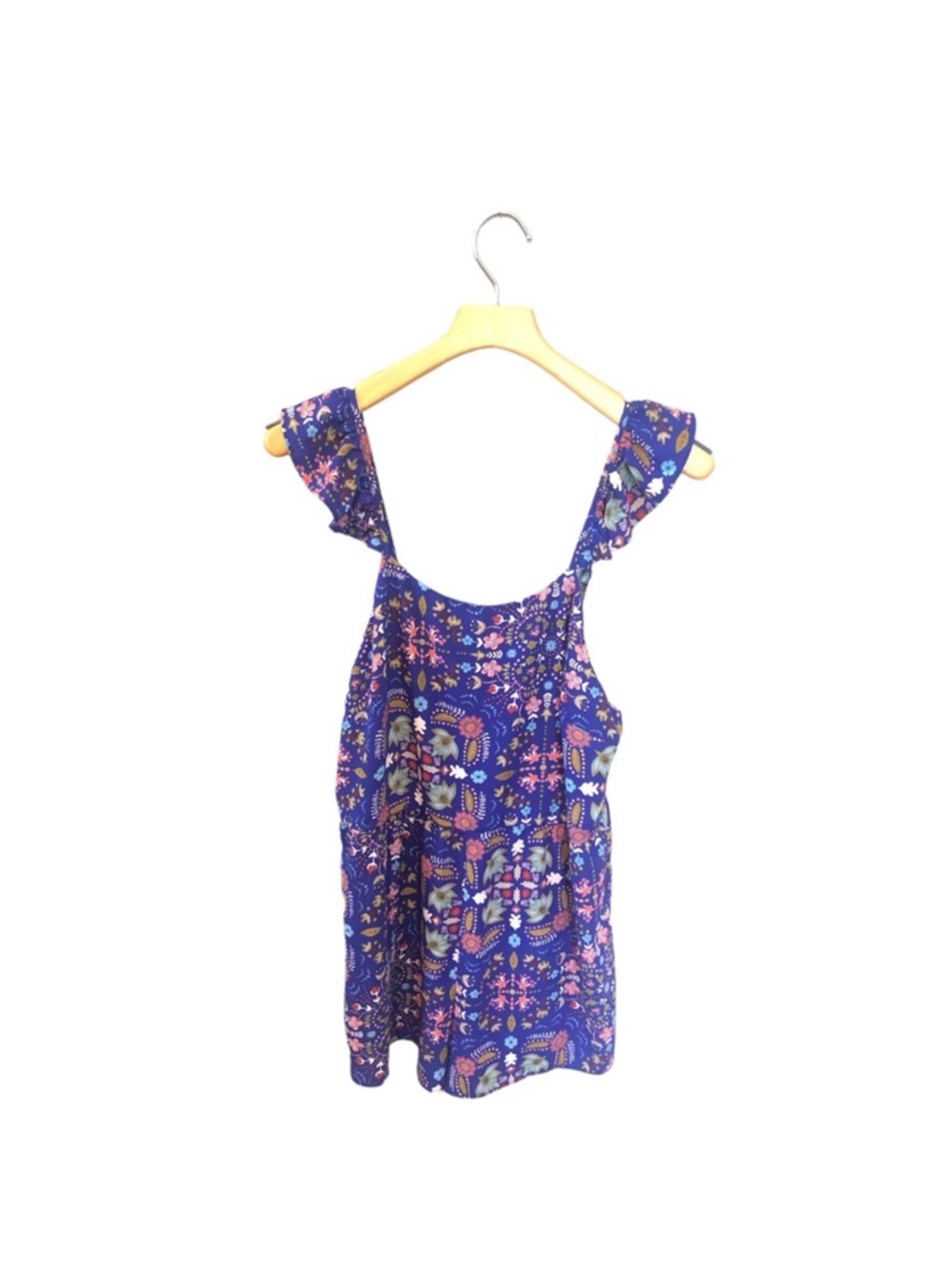 Everly Blue Floral Sleeveless Spaghetti Strap Ruffle Romper Large